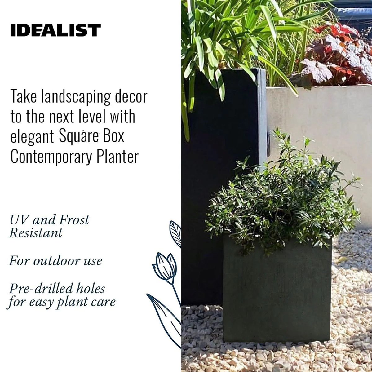 IDEALIST Lite Contemporary Flower Box Square Garden Planter, Light Concrete Outdoor Plant Pot H30 L30 W30 cm, 27L - Image 6
