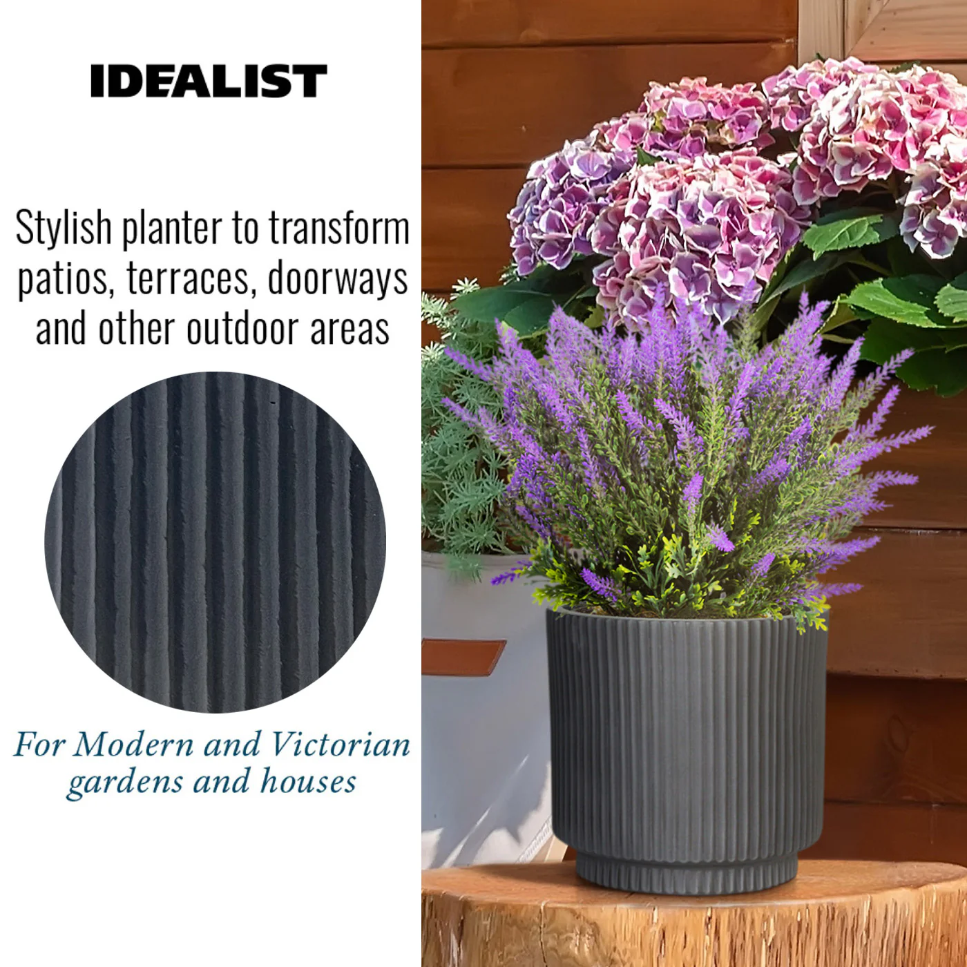 IDEALIST Lite Vertical Ribbed Black Cylinder Outdoor Planter - Image 6